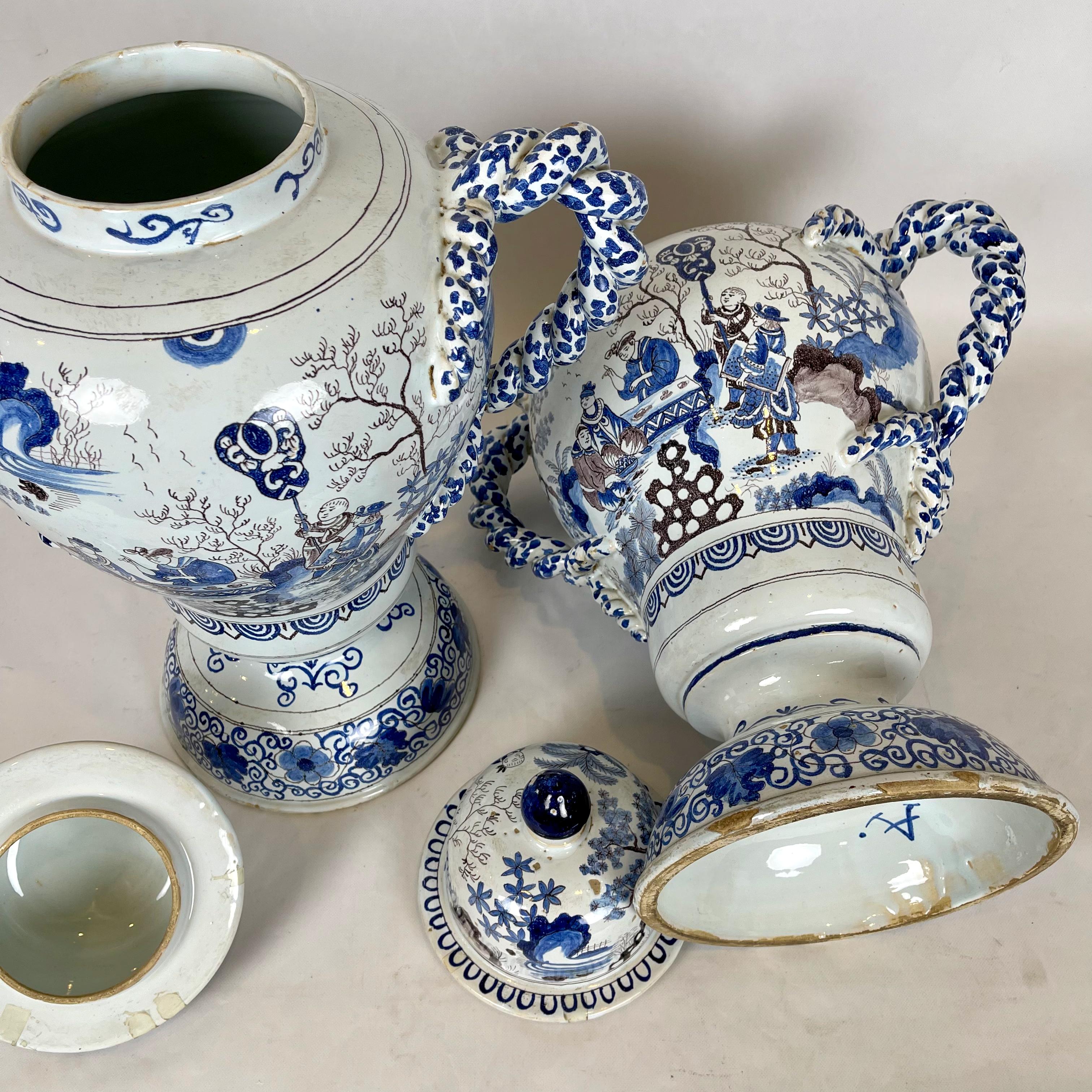 Pair of Large Delft Covered Two Handled Urns 6