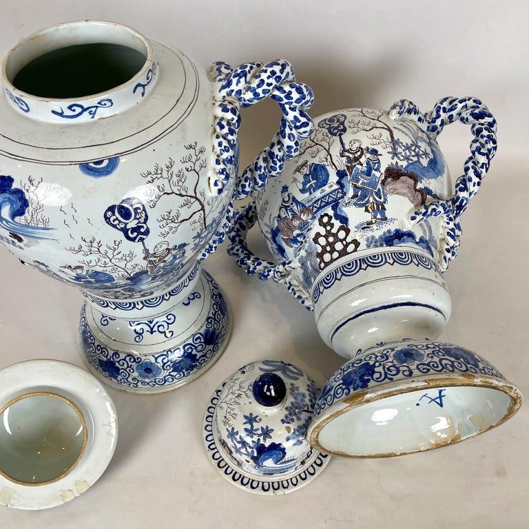 Pair of Large Delft Covered Two Handled Urns For Sale 6