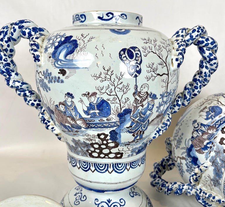 Pair of Large Delft Covered Two Handled Urns For Sale 7