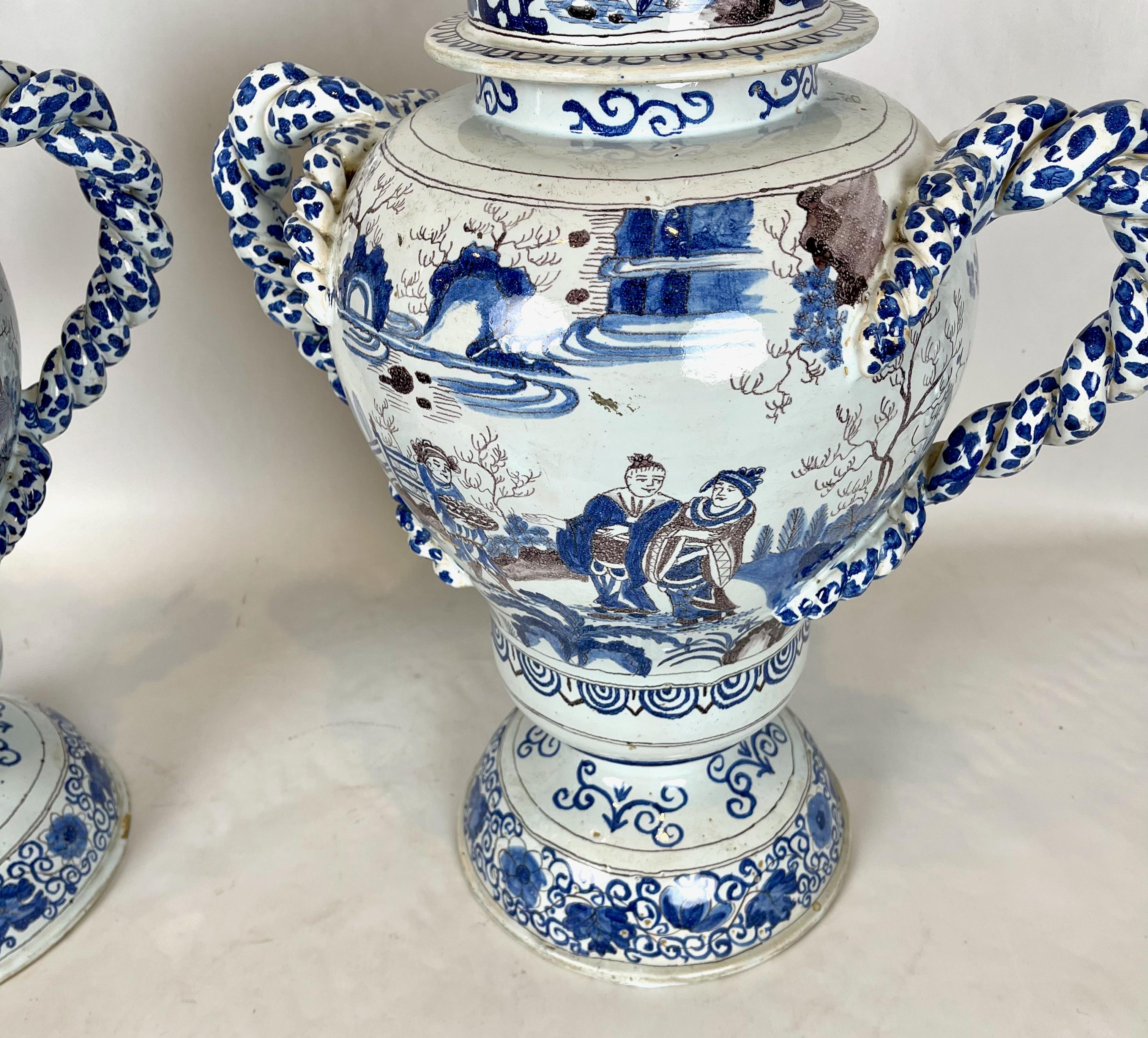 Dutch Pair of Large Delft Covered Two Handled Urns