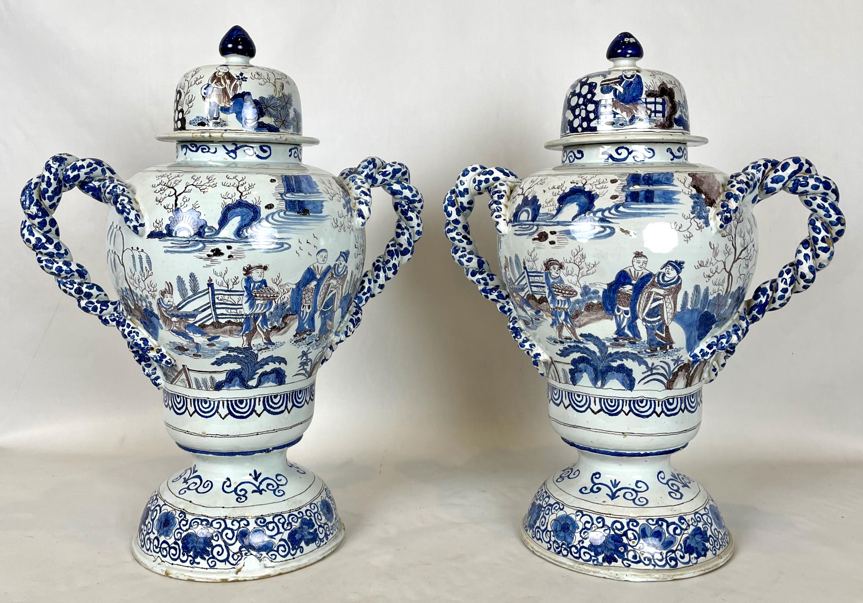 Hand-Crafted Pair of Large Delft Covered Two Handled Urns