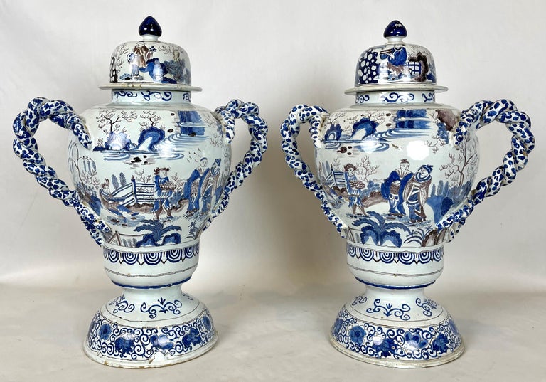 Hand-Crafted Pair of Large Delft Covered Two Handled Urns For Sale