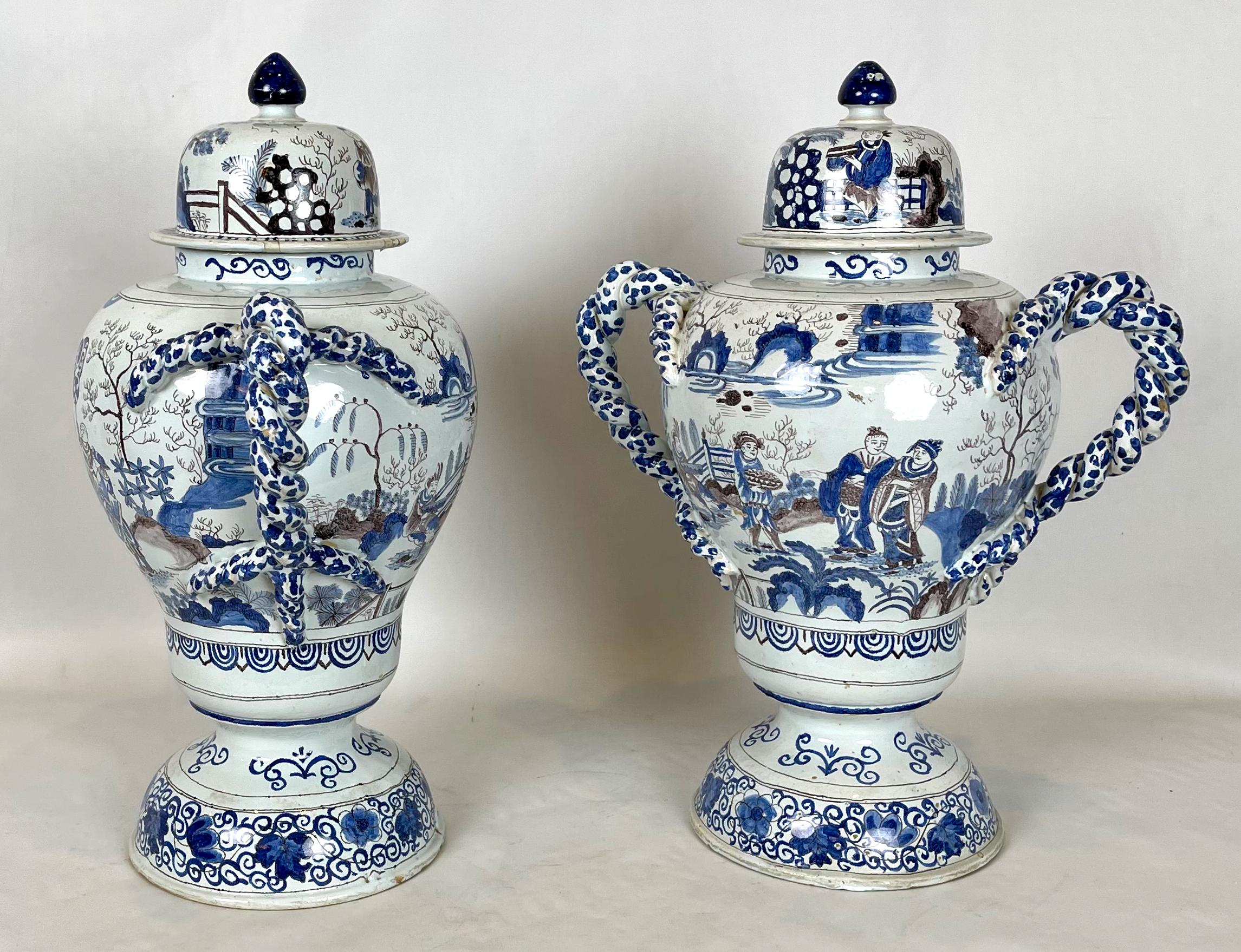 Pair of Large Delft Covered Two Handled Urns In Good Condition In Kilmarnock, VA