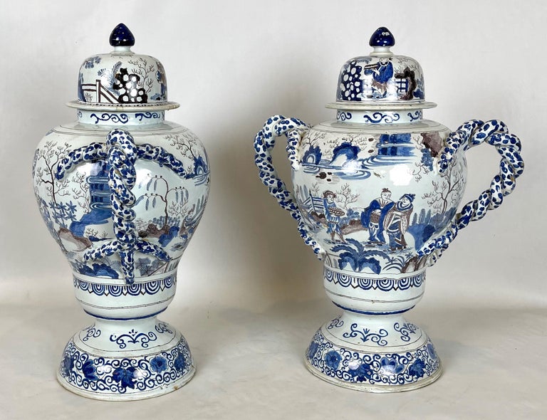 Pair of Large Delft Covered Two Handled Urns In Good Condition For Sale In Kilmarnock, VA