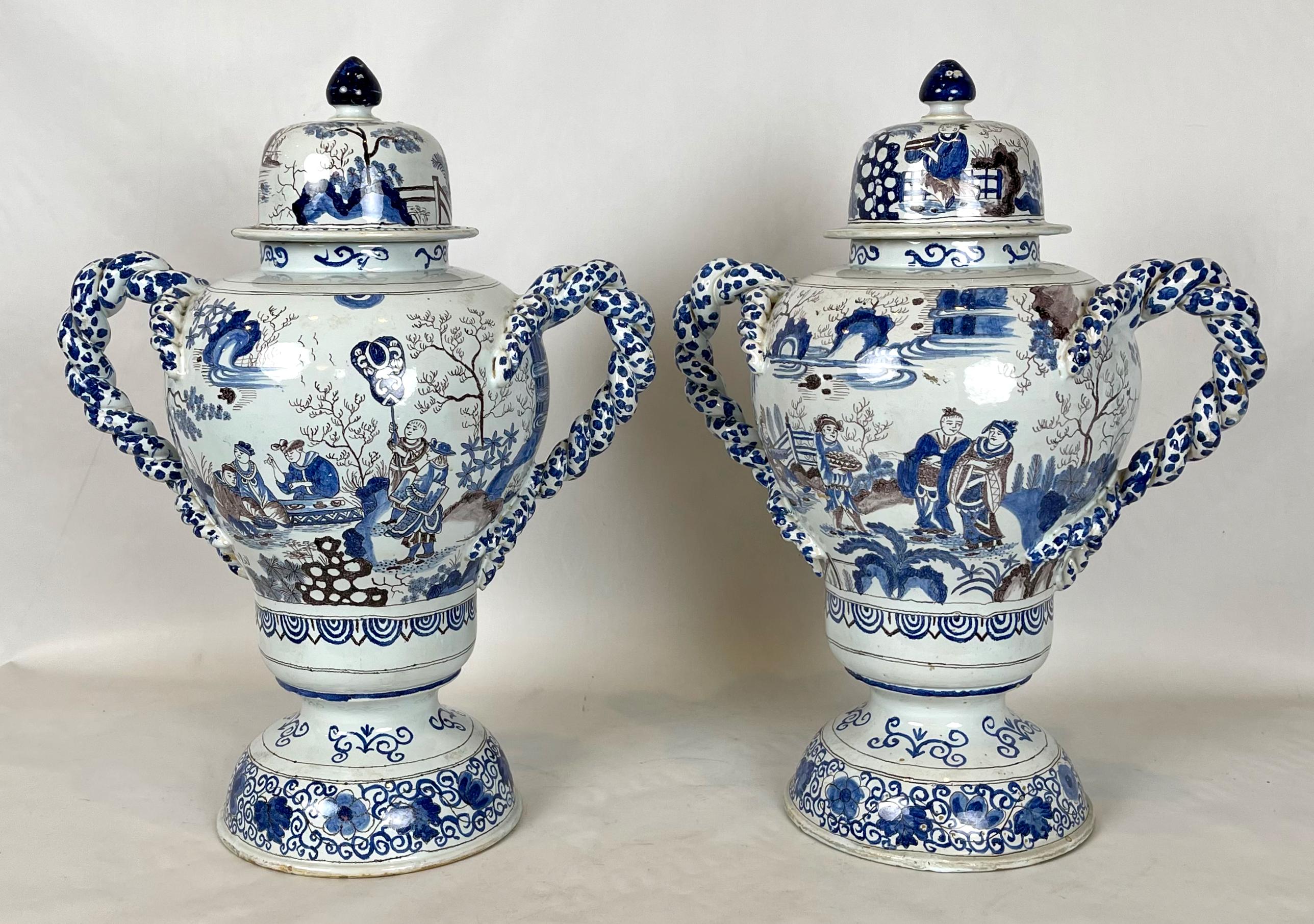 19th Century Pair of Large Delft Covered Two Handled Urns