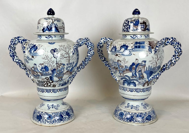 19th Century Pair of Large Delft Covered Two Handled Urns For Sale