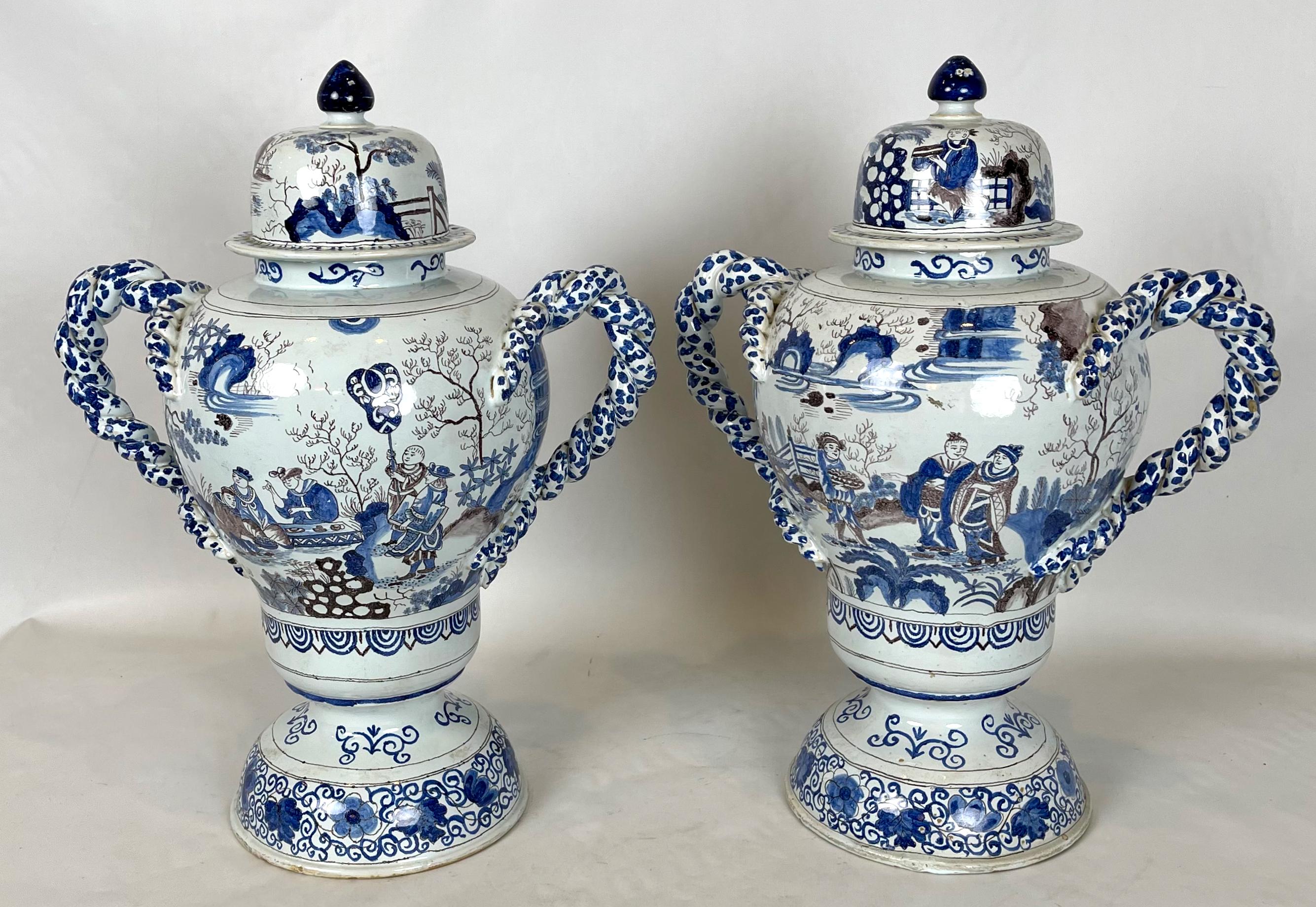 Ceramic Pair of Large Delft Covered Two Handled Urns