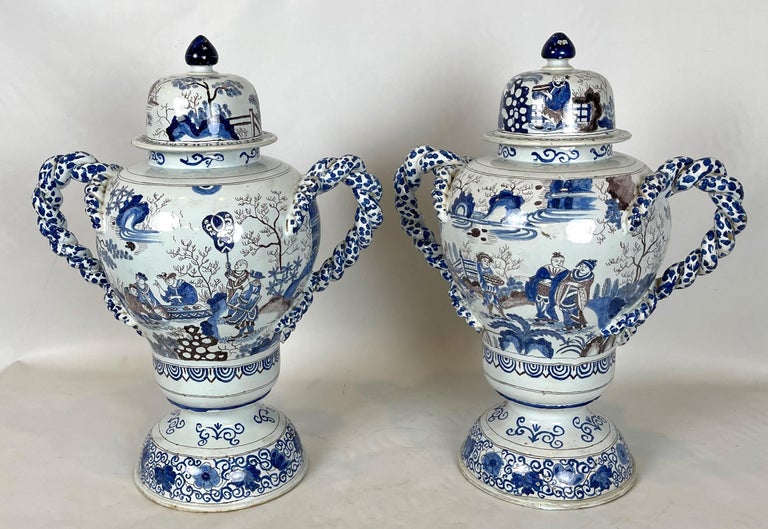 Ceramic Pair of Large Delft Covered Two Handled Urns For Sale
