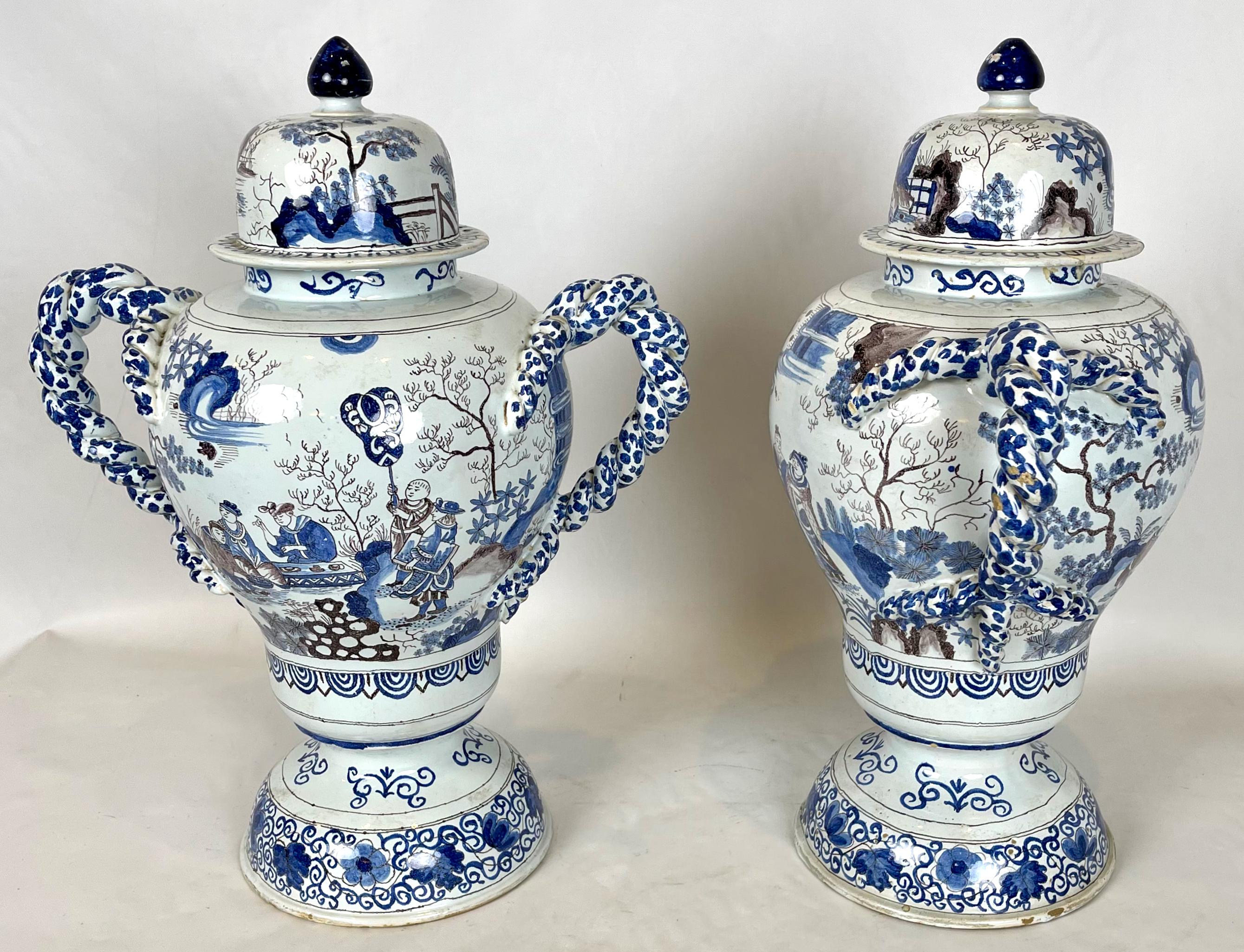 Pair of Large Delft Covered Two Handled Urns 1