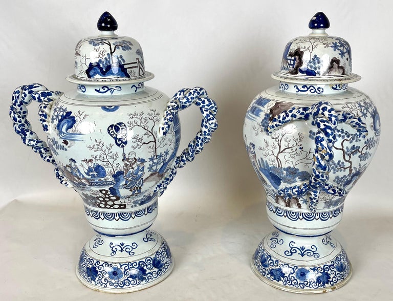 Pair of Large Delft Covered Two Handled Urns For Sale 1