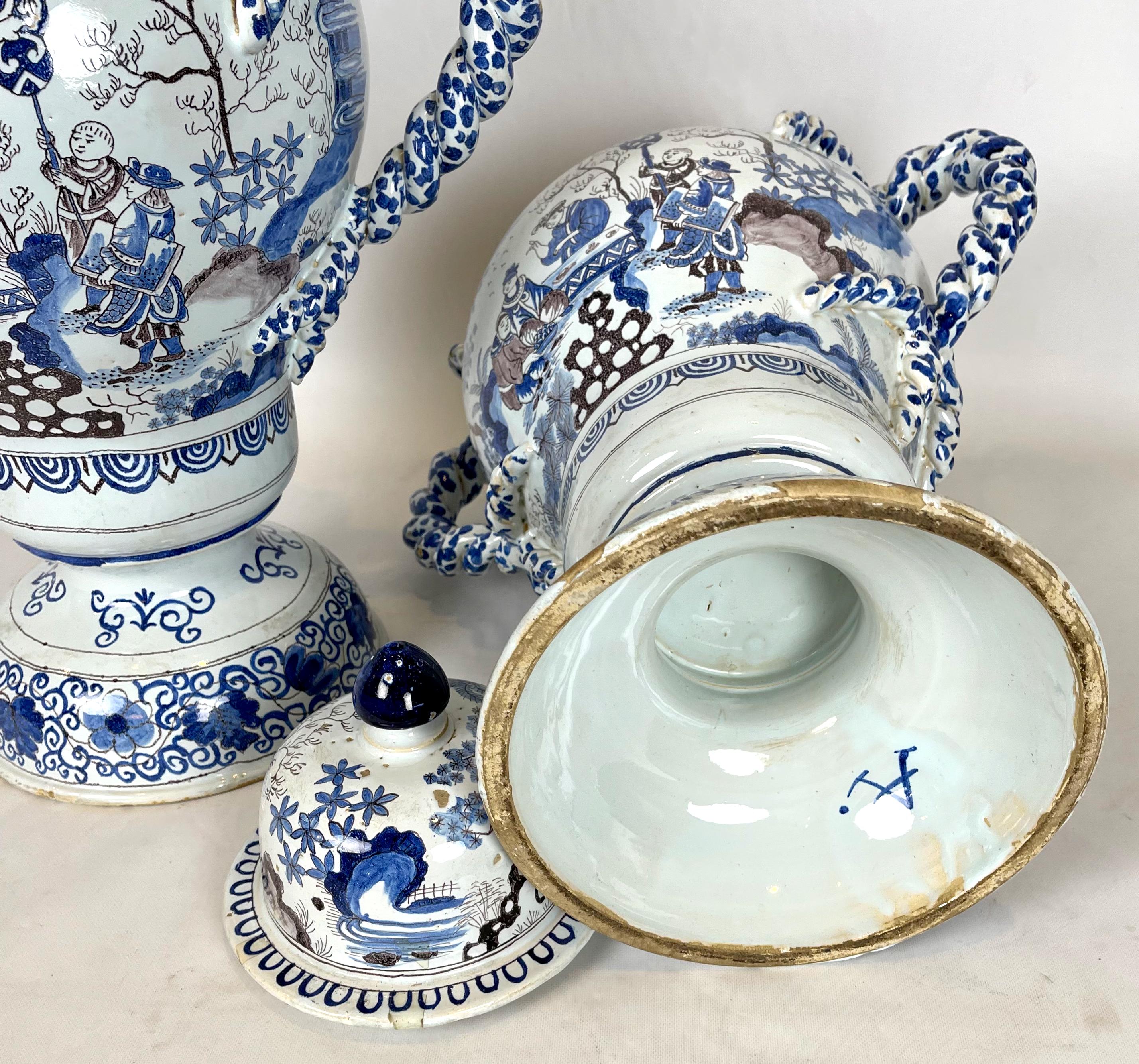 Pair of Large Delft Covered Two Handled Urns 2