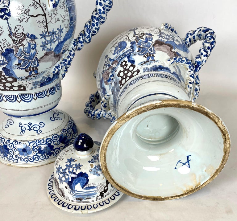 Pair of Large Delft Covered Two Handled Urns For Sale 2