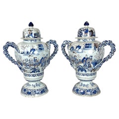 Pair of Large Delft Covered Two Handled Urns