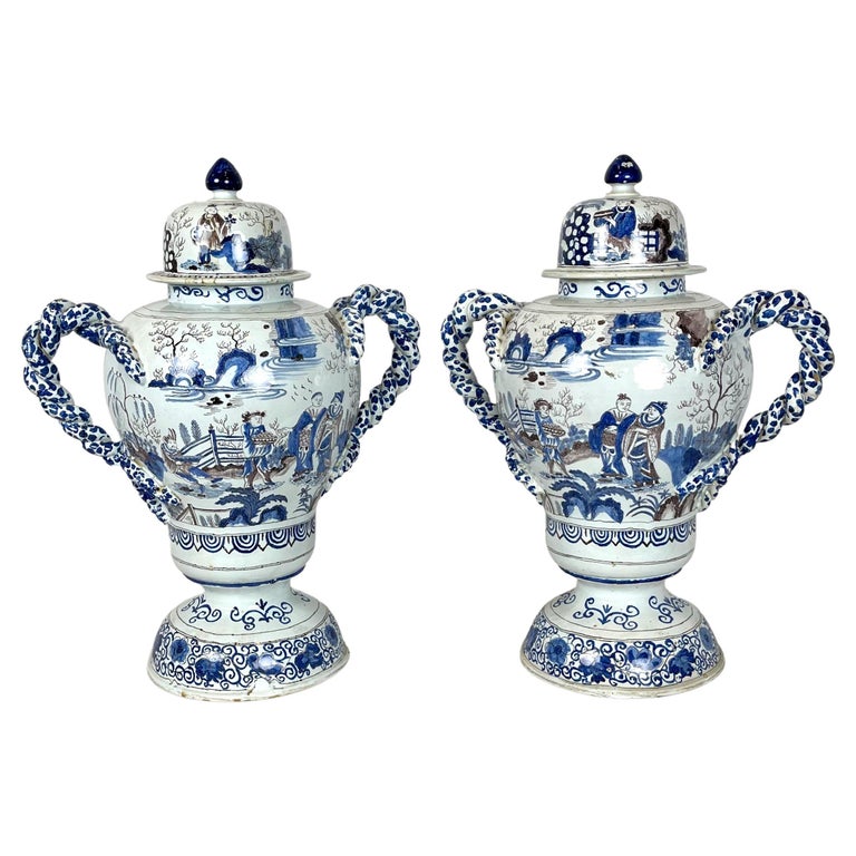 Pair of Large Delft Covered Two Handled Urns For Sale