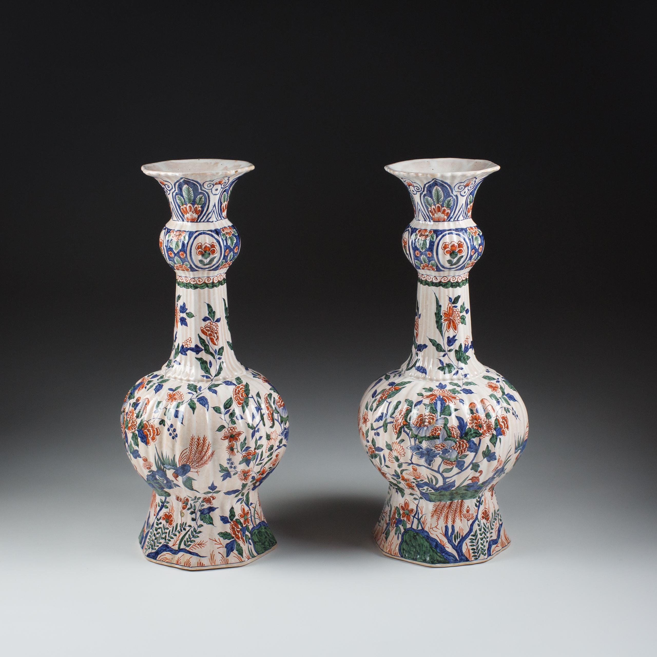 French Pair of Large Delft Desvres Garlic Neck Vase For Sale