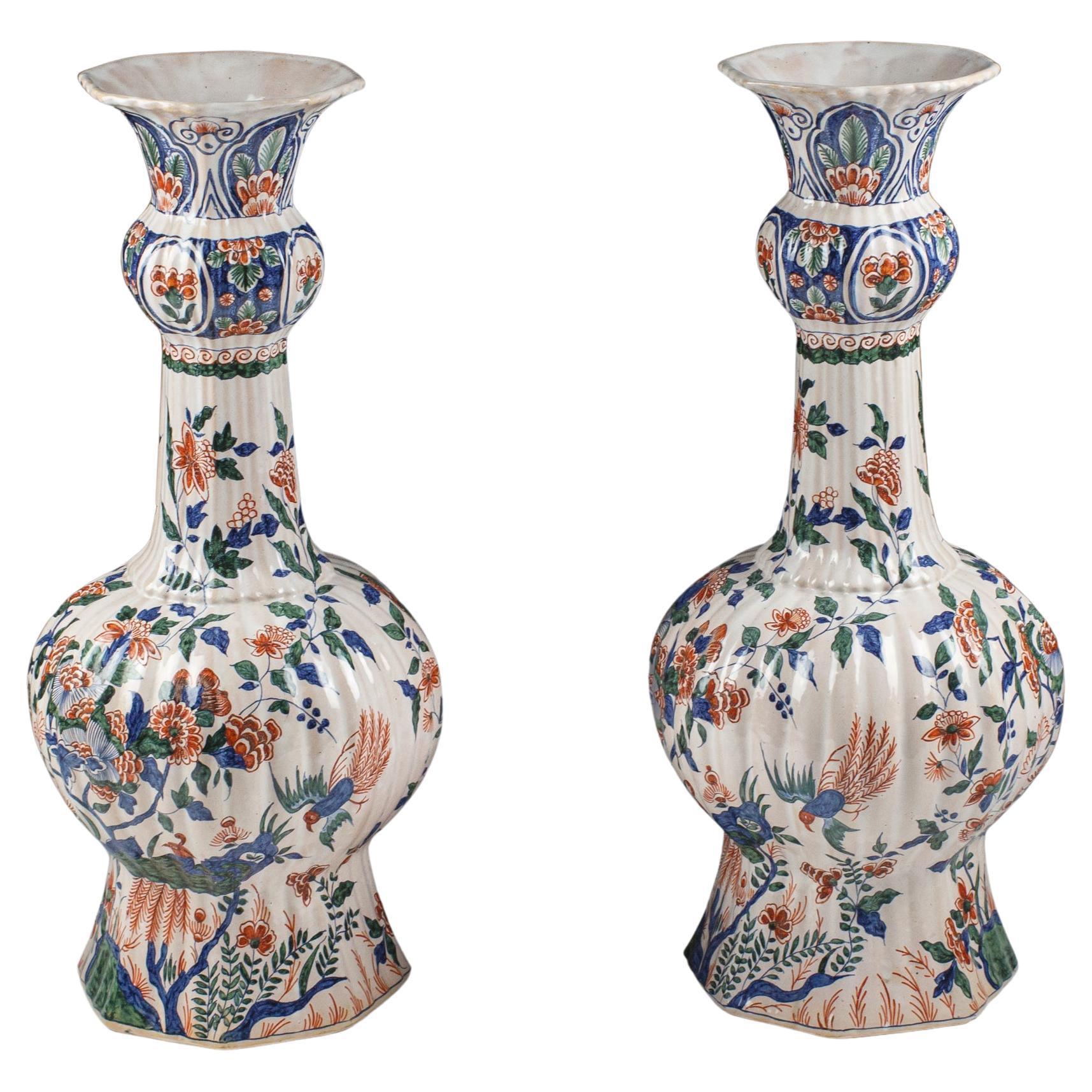 Pair of Large Delft Desvres Garlic Neck Vase For Sale