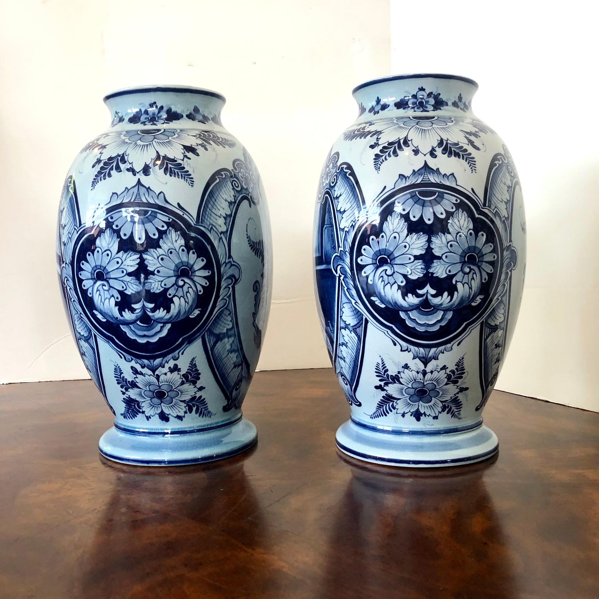 20th Century Pair of Large Delft Germany Faience Hand Painted Urns Vases