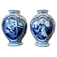 Pair of Large Delft Germany Faience Hand Painted Urns Vases