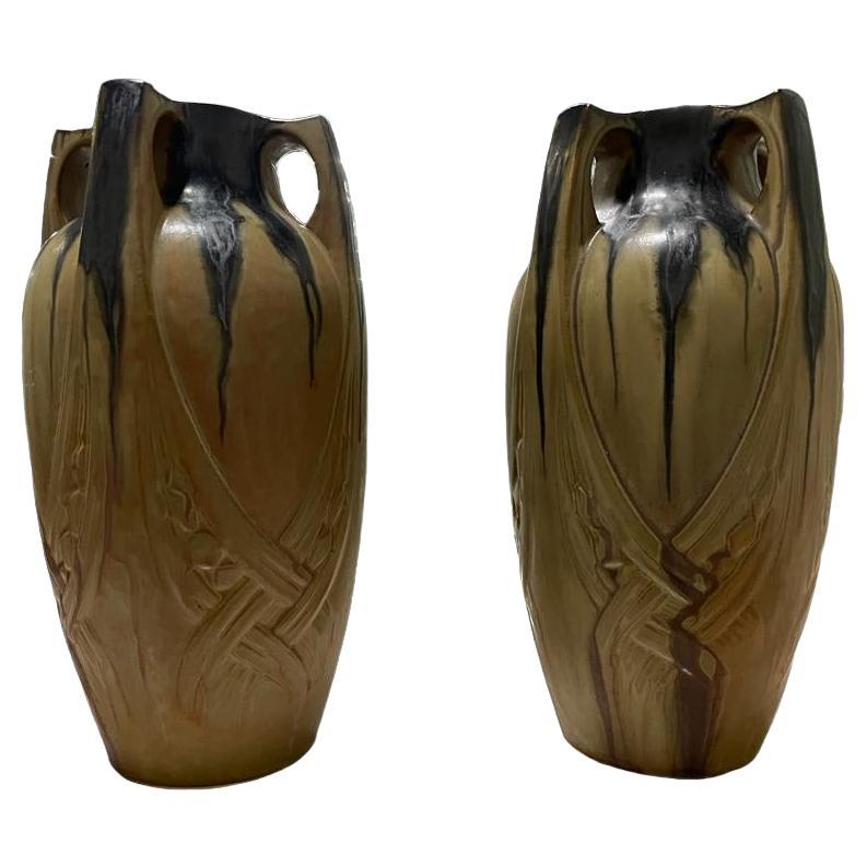 Paar große Denbac Französisch Art Nouveau Grès Flamme Keramik Vase im Angebot