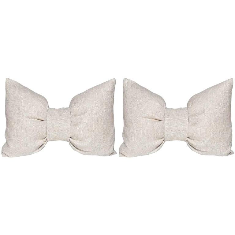 Pair of Large Designer Bow Pillows in Vintage Irish Linen Natural Oatmeal