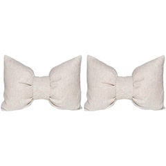 Pair of Large Designer Bow Pillows in Vintage Irish Linen Natural Oatmeal