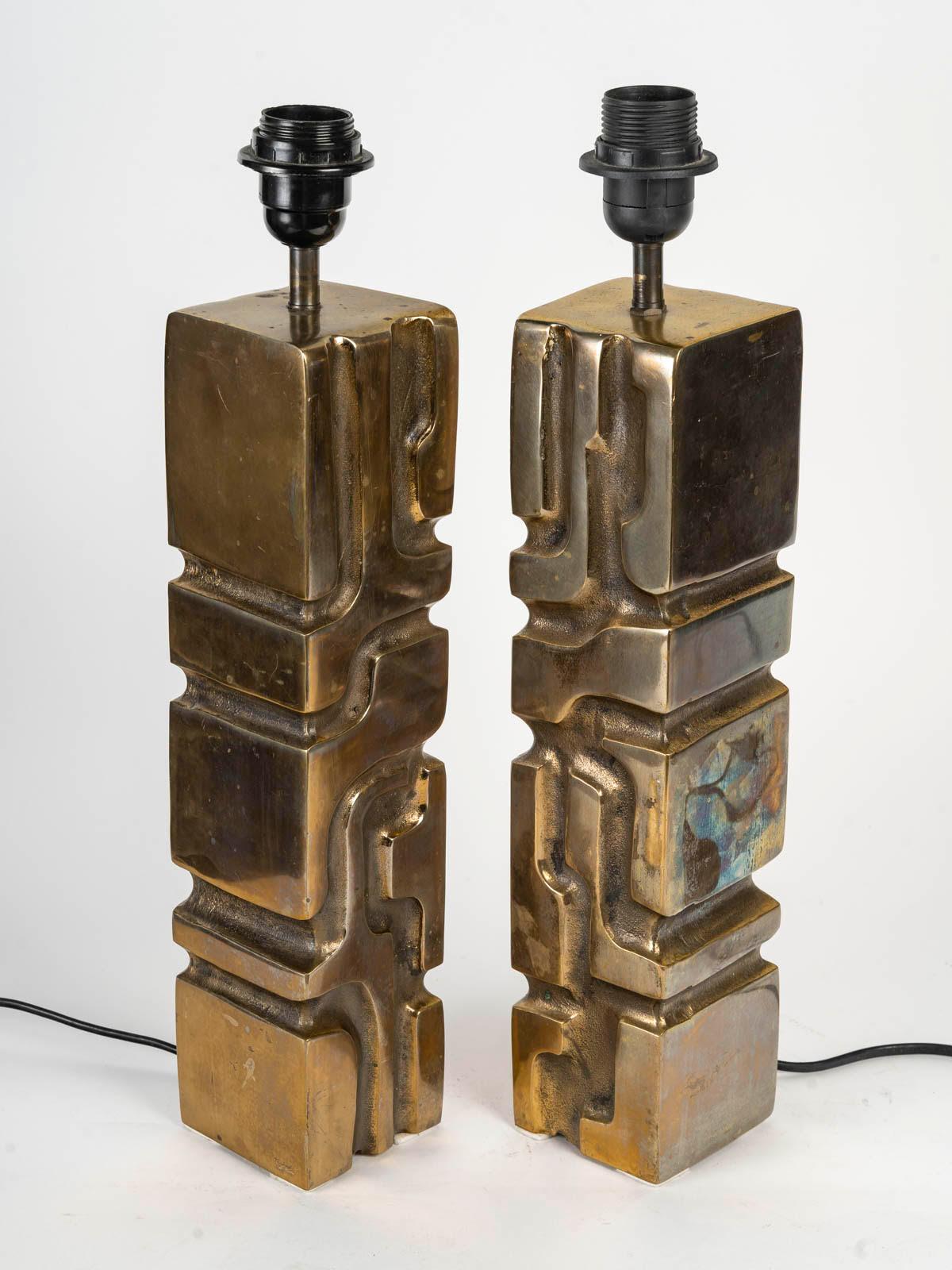 Modern Pair of Large Desk Lamps, Bronze Sculpture, Signed by Michel Jaubert.