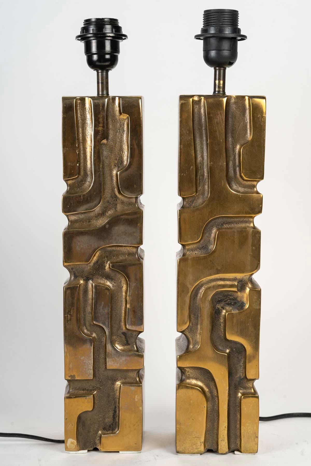 Pair of Large Desk Lamps, Bronze Sculpture, Signed by Michel Jaubert. In Good Condition In Saint-Ouen, FR