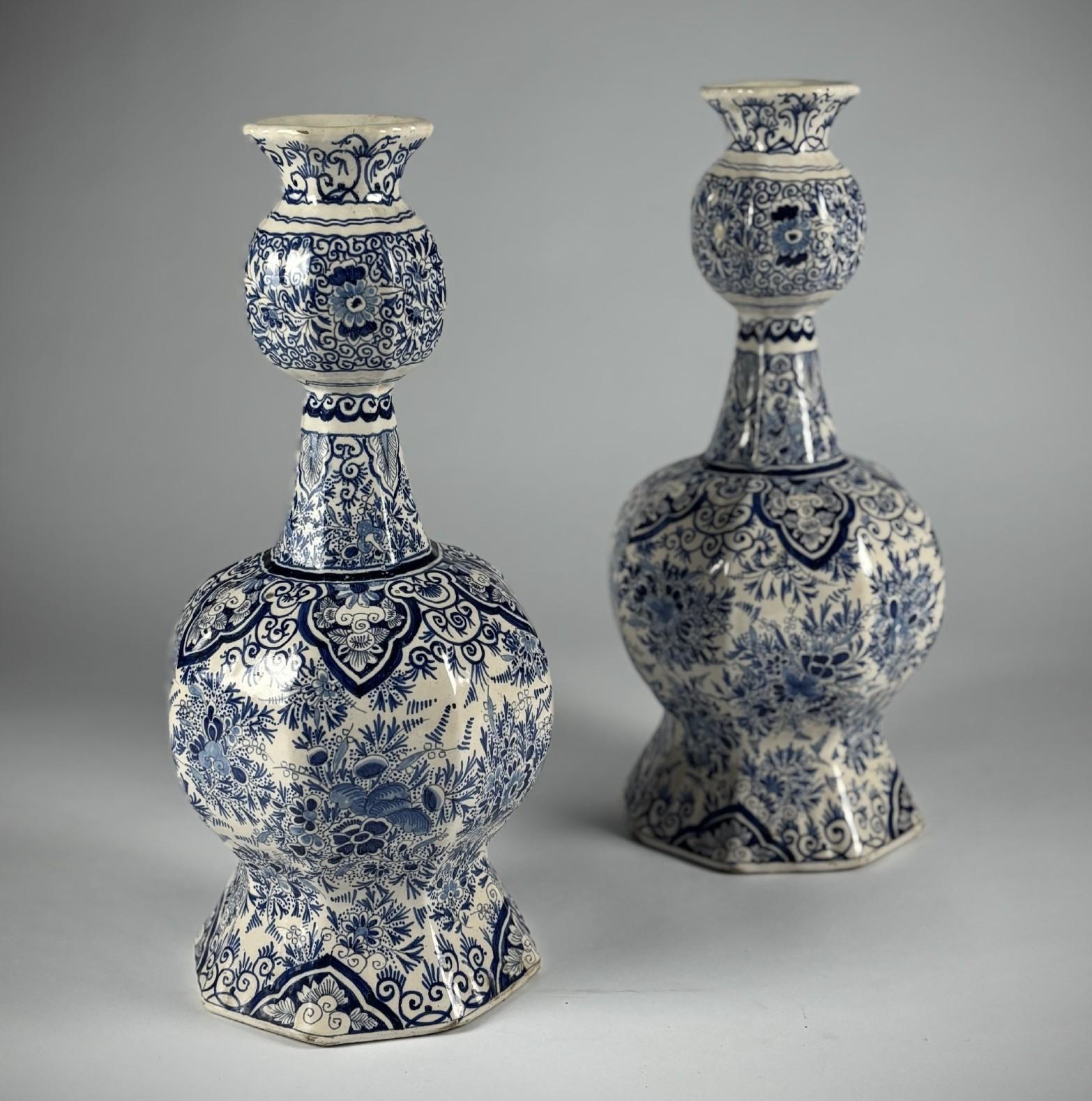 Pair of Large Delft Garlic Bulb Vase. Blue and White Decoration Late 19th Century Excellent Condition Desvres, France Circa 1890.