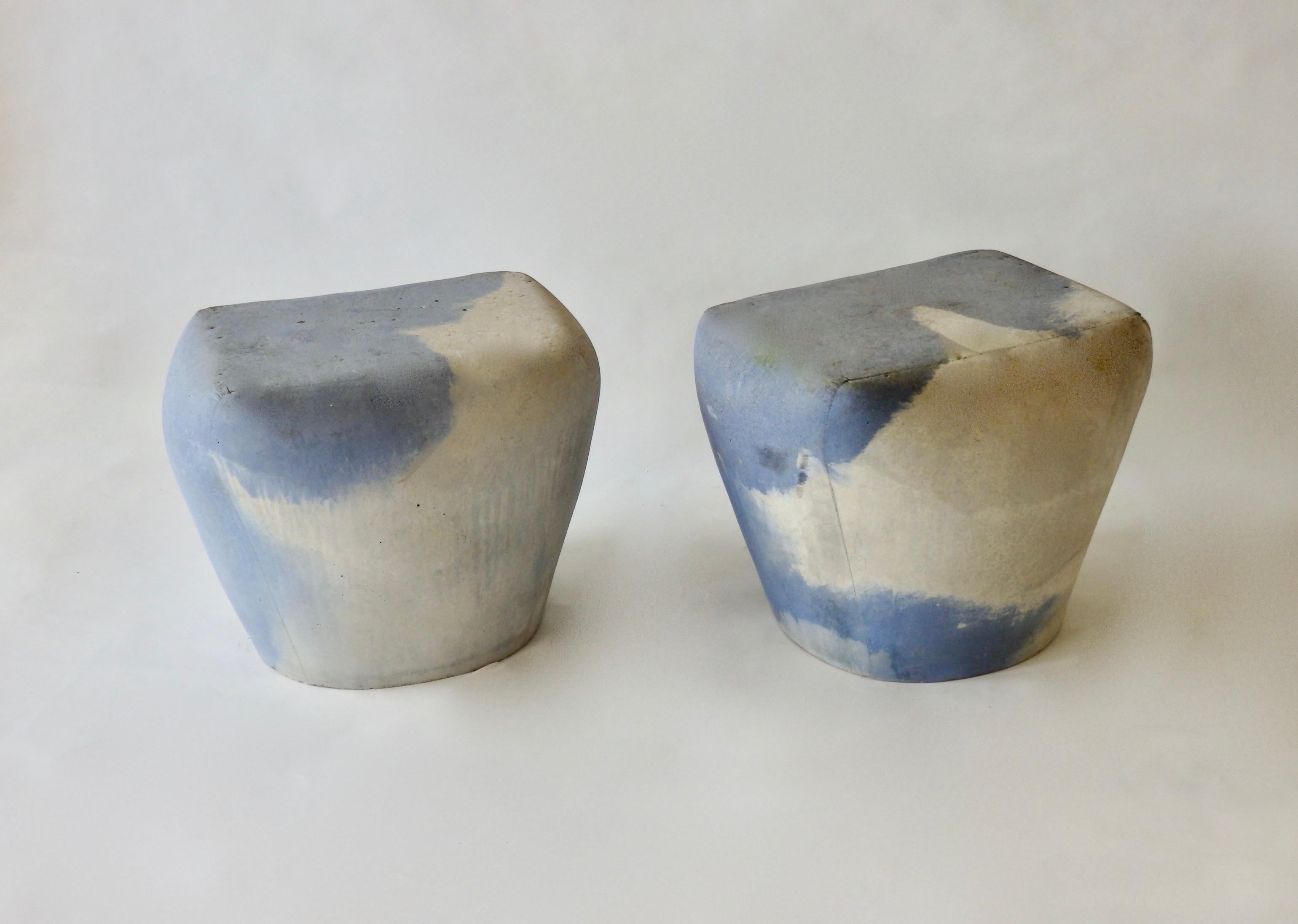 Post-Modern Pair of Large Detroit Studio Modernist Blue Cement Planter Pots or Garden Stools For Sale