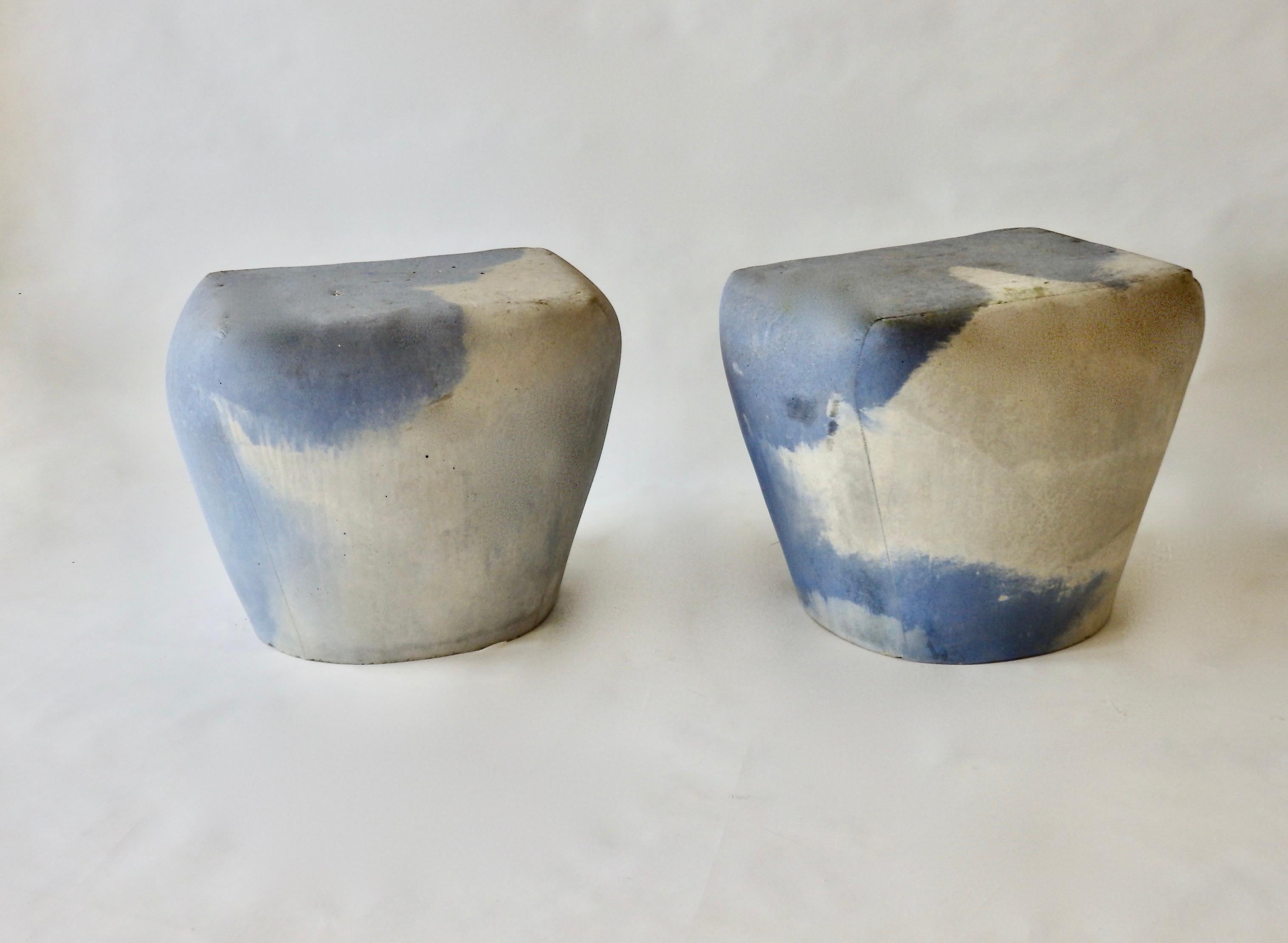 Cast Pair of Large Detroit Studio Modernist Blue Cement Planter Pots or Garden Stools For Sale