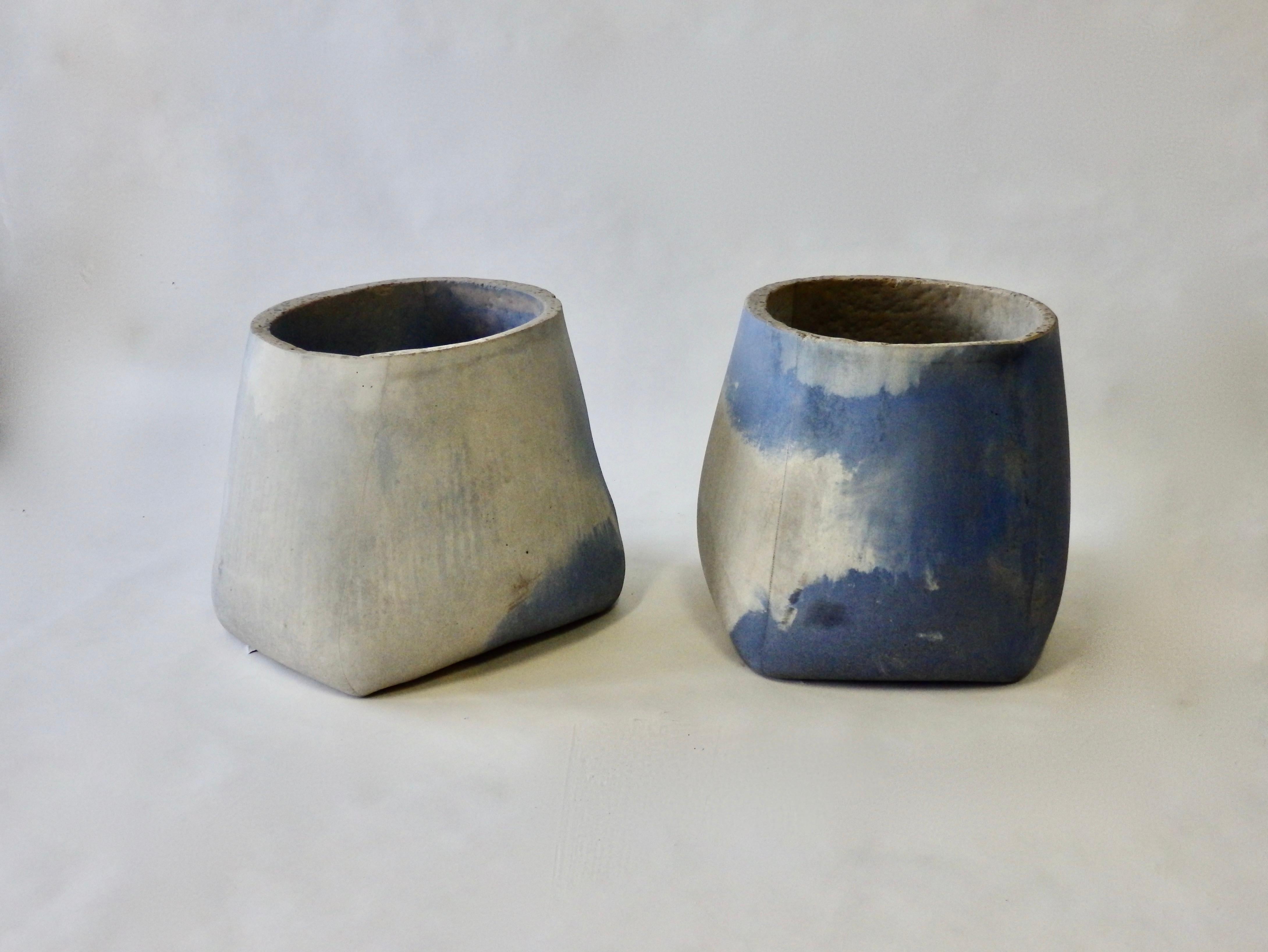 Pair of Large Detroit Studio Modernist Blue Cement Planter Pots or Garden Stools In Good Condition For Sale In Ferndale, MI