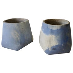 Used Pair of Large Detroit Studio Modernist Blue Cement Planter Pots or Garden Stools