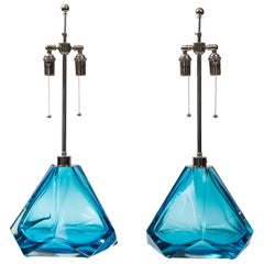 Pair of Large Diamond Faceted Aquamarine Glass Lamps, Contemporary