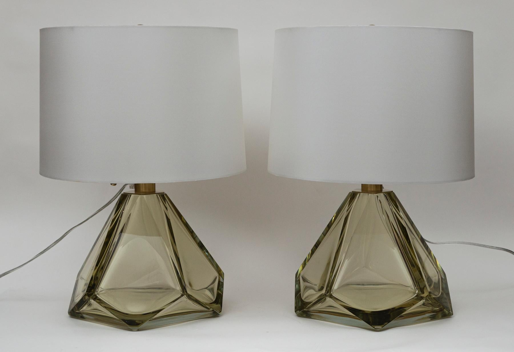 Modern Artisan blown and polished diamond faceted lamps in a stunning citrine tone, note these are glass enclosed at the base
Electrified to code with UL approved parts, hardware in  polished nickel on brass with pull chains  for 2 medium base bulbs