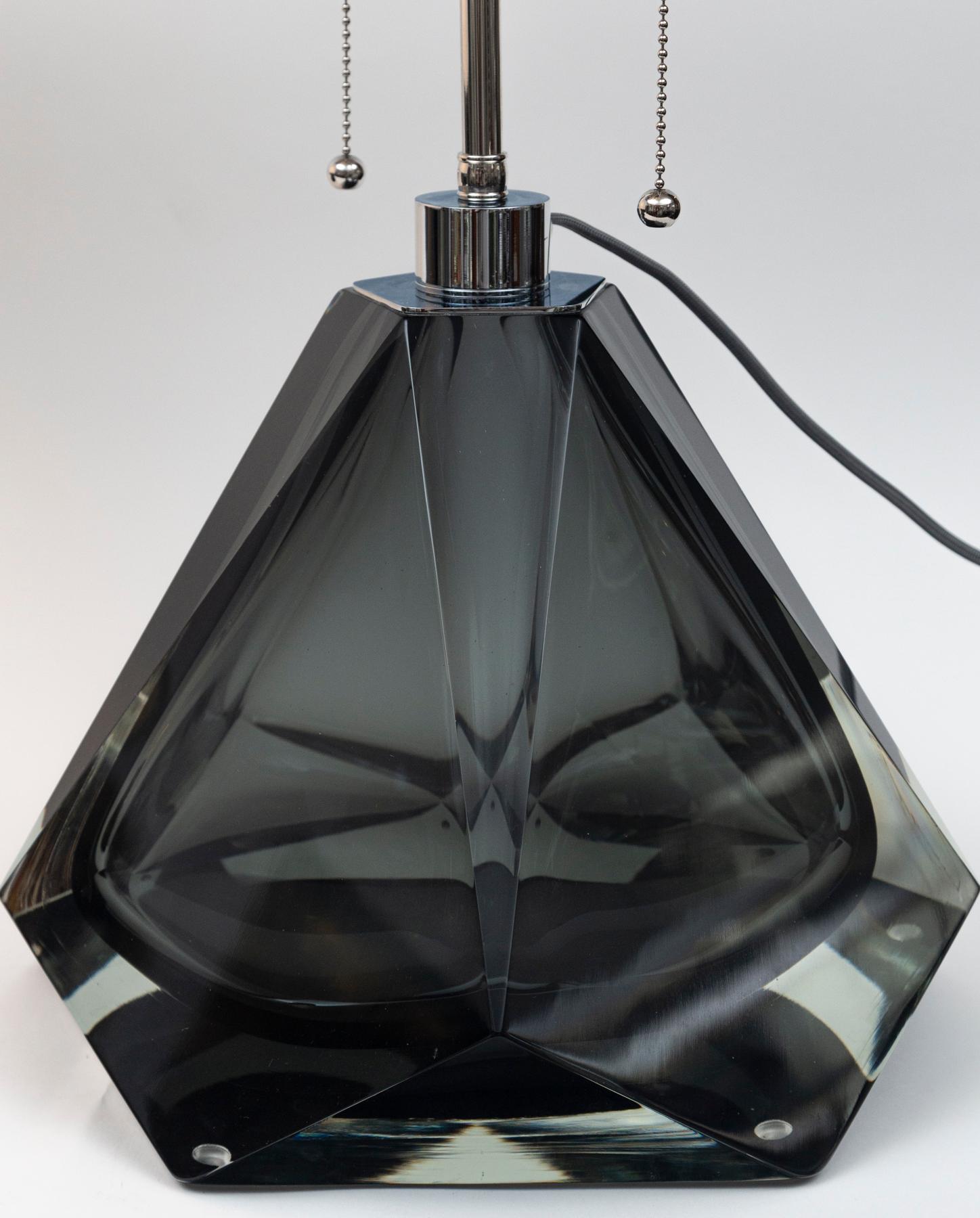 Modern Artisan blown and polished gem faceted lamps in a stunning gunmetal grey tone, note these are glass enclosed at the base
Electrified to code with UL approved parts, hardware in  polished nickel on brass with pull chains  for 2 medium base