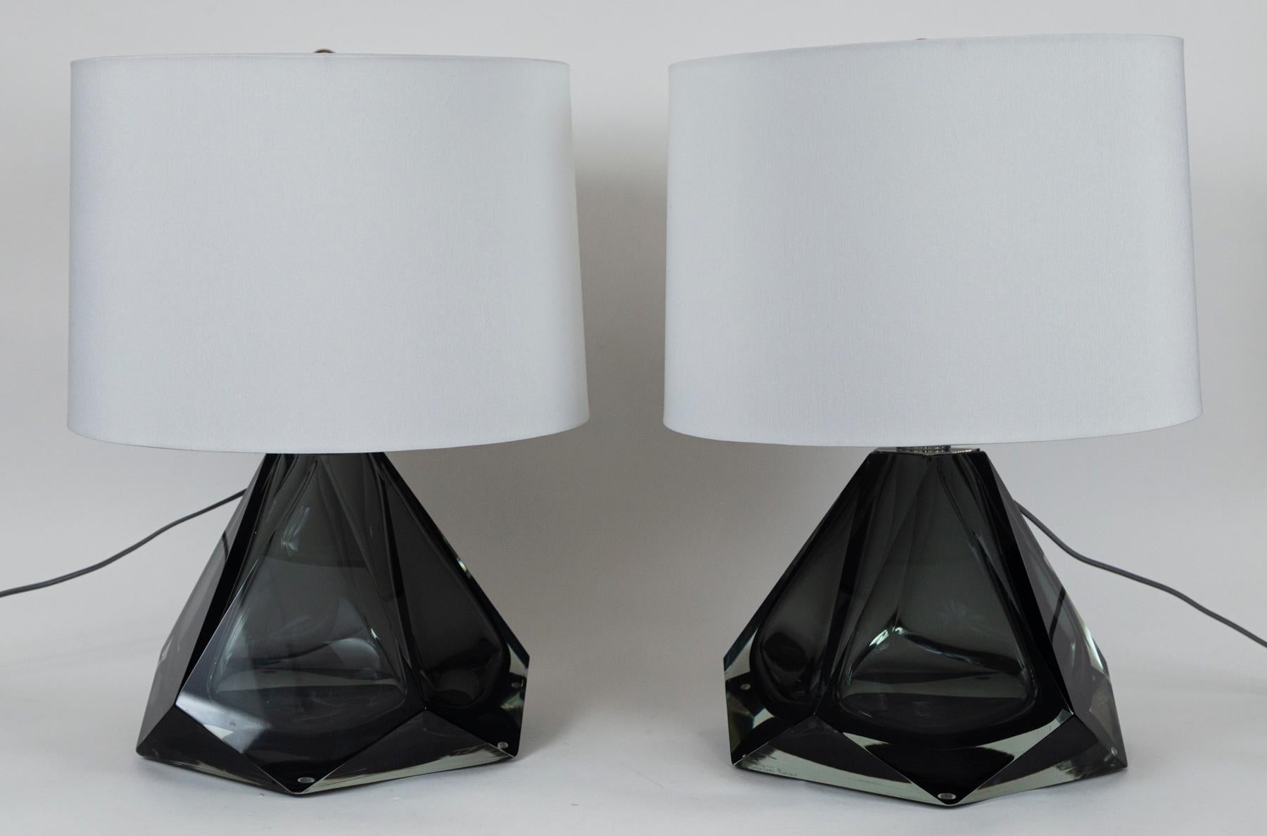 Blown Glass Pair of Large Diamond Gem Faceted Grey Lamps, Contemporary For Sale