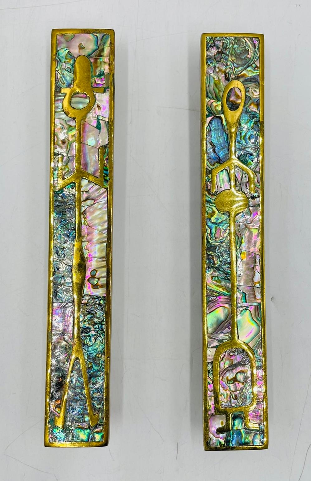 Mexican Pair of Large Door Handles in Brass & Abalone, After Los Castillo, Mexico 1950's For Sale
