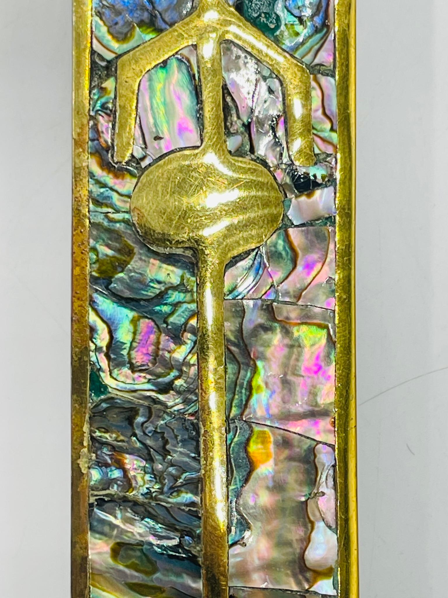 Mid-20th Century Pair of Large Door Handles in Brass & Abalone, After Los Castillo, Mexico 1950's For Sale