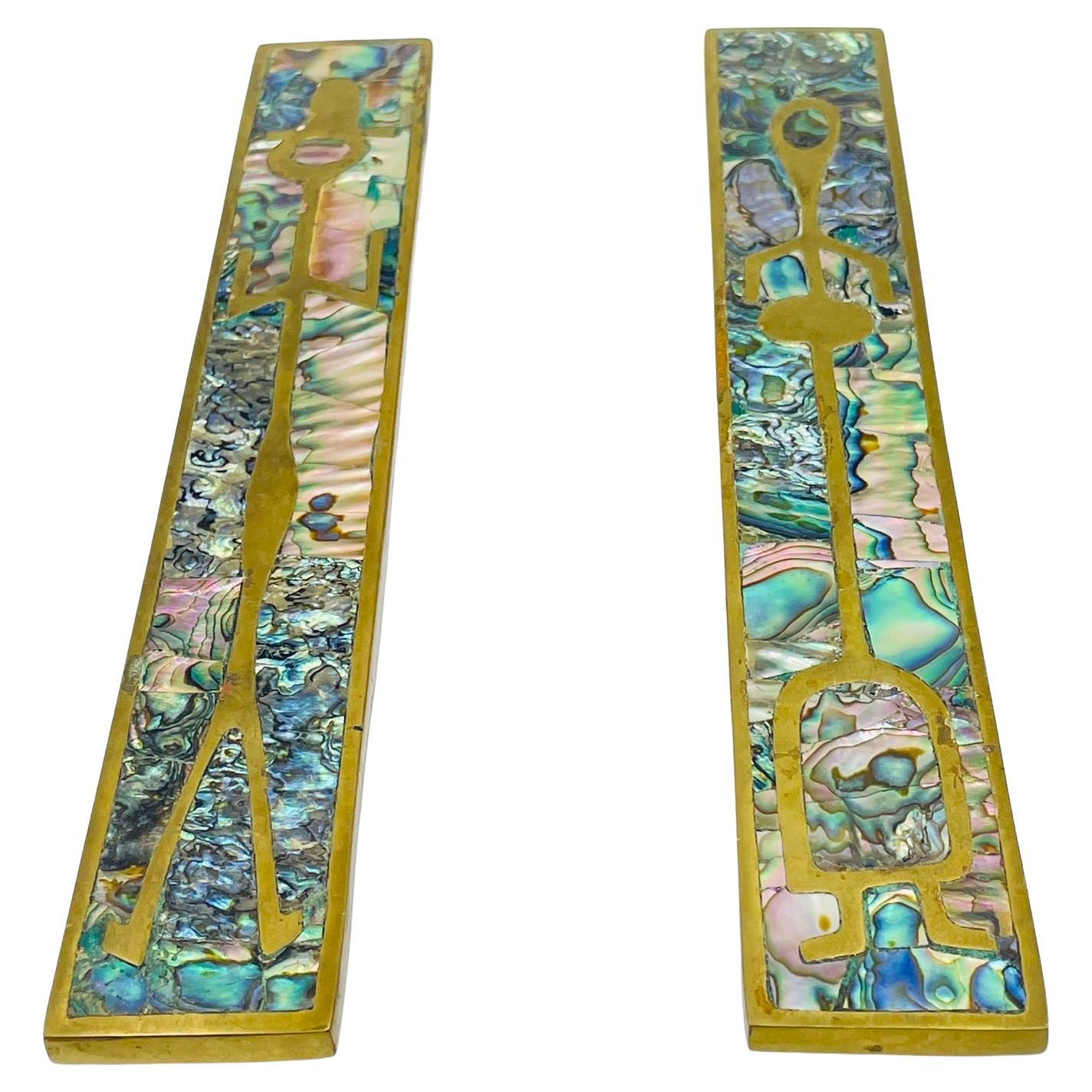 Pair of Large Door Handles in Brass & Abalone, After Los Castillo, Mexico 1950's