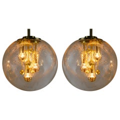 Pair of Large Doria Globe Pendant Lights, Glass and Brass, Germany, 1970s