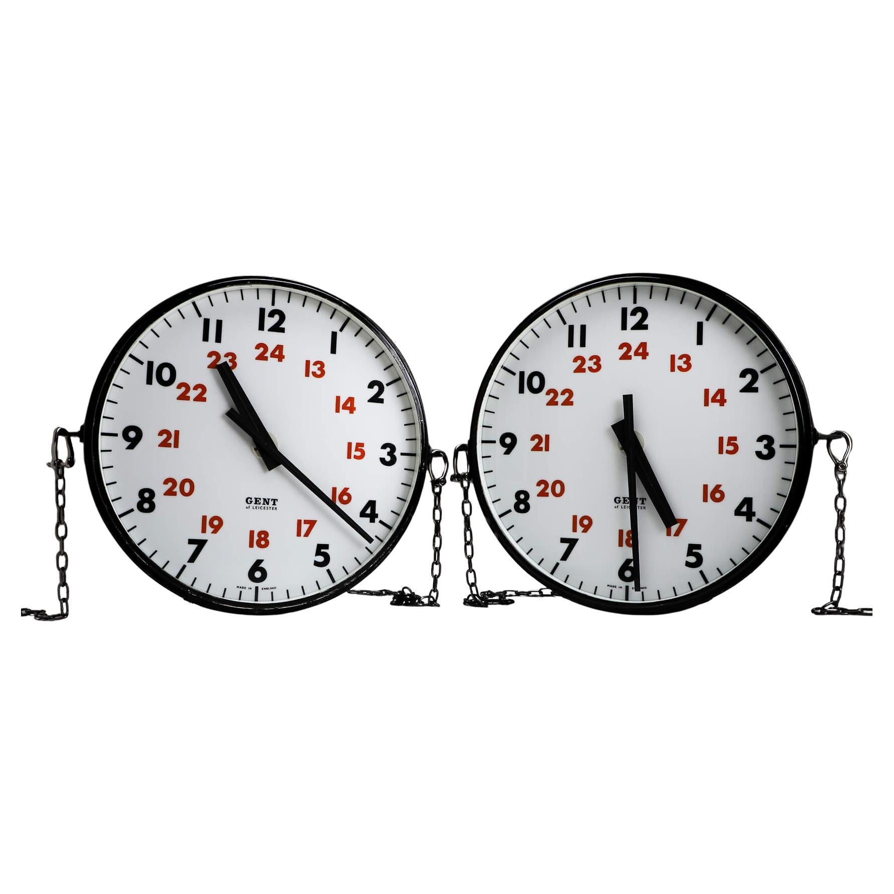 Pair Of Large Double Sided Illuminated Gents Of Leicester Station Clocks For Sale