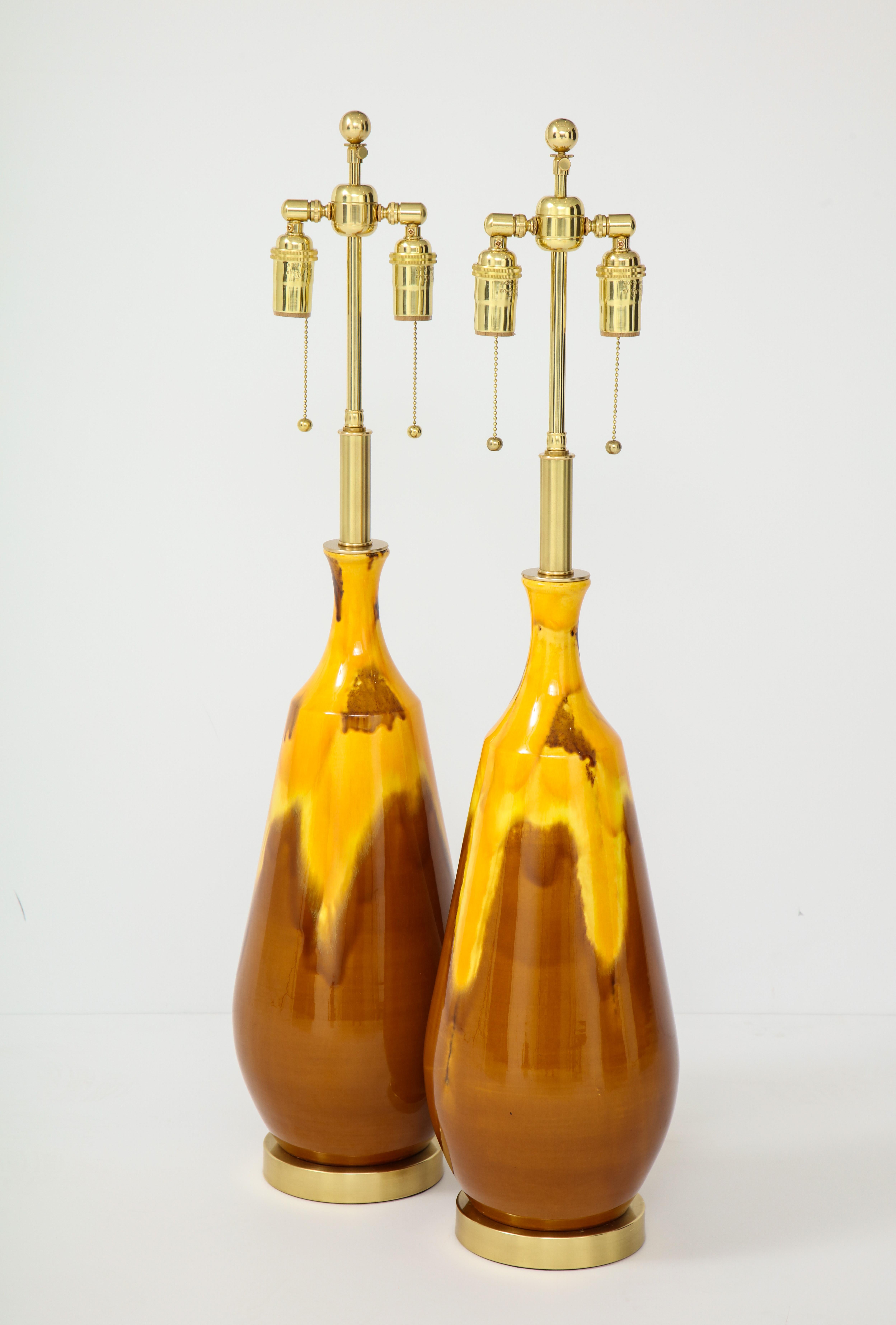 Mid-Century Modern Pair of Large Drip Glazed Ceramic Lamps