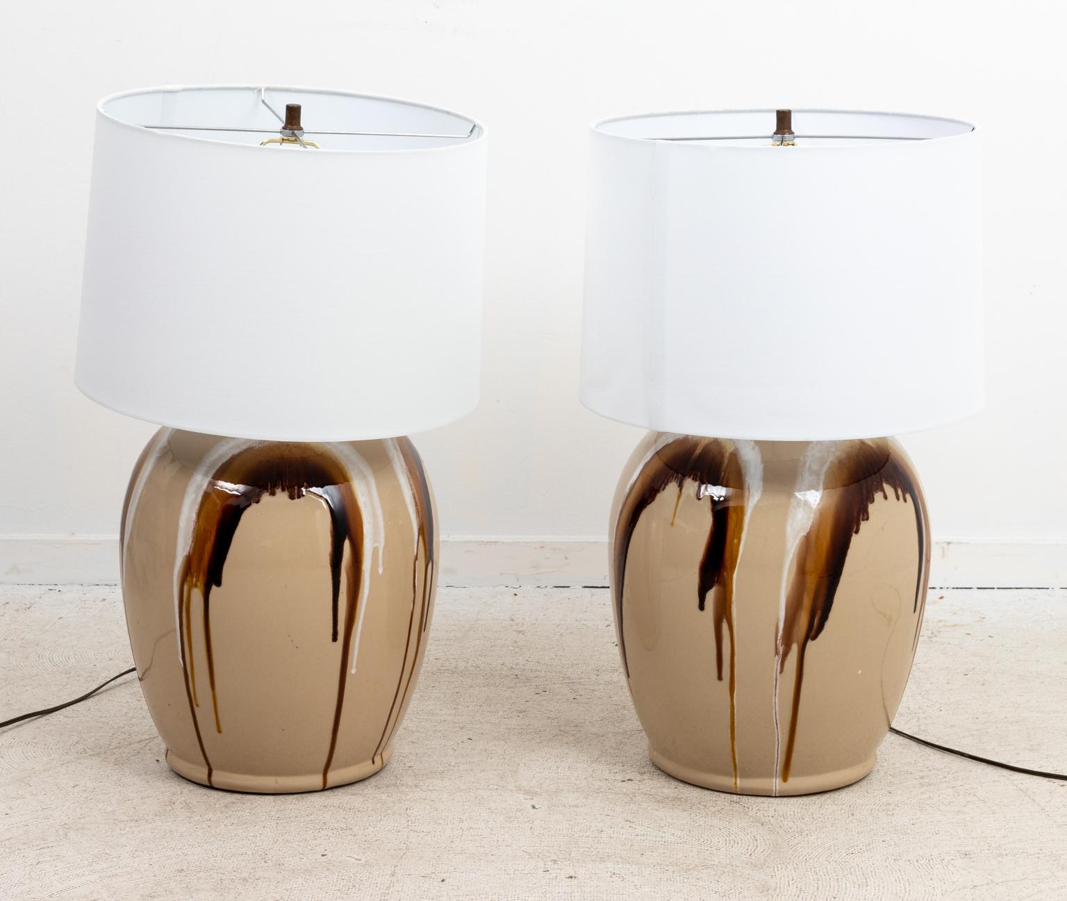 Mid-Century Modern Pair of Large Drip Glazed Table Lamps For Sale