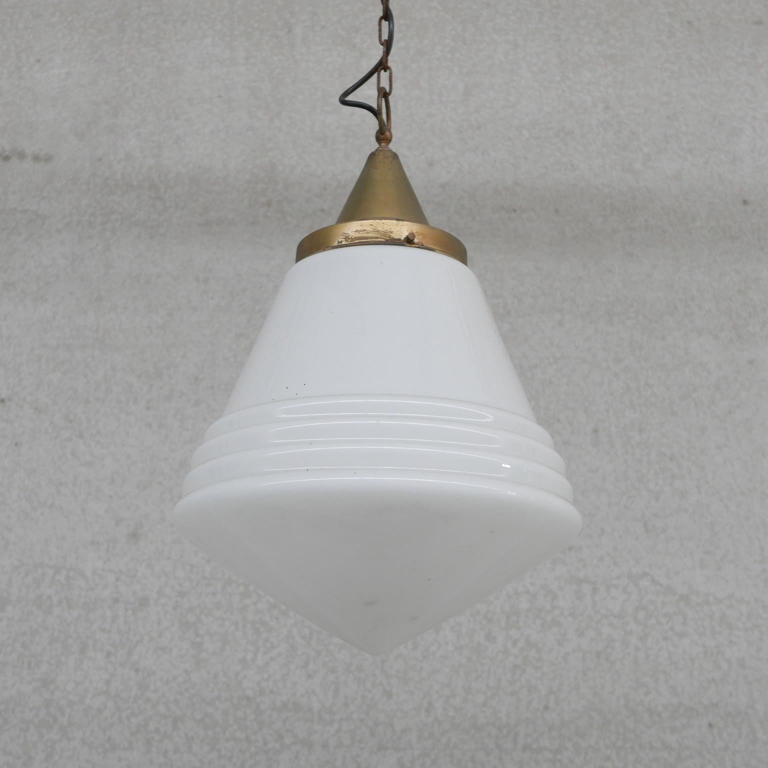 Pair of Large Dutch Brass and Opaline Pendant Lights '2' In Good Condition In London, GB