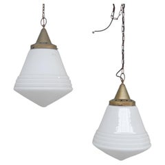 Pair of Large Dutch Brass and Opaline Pendant Lights '2'