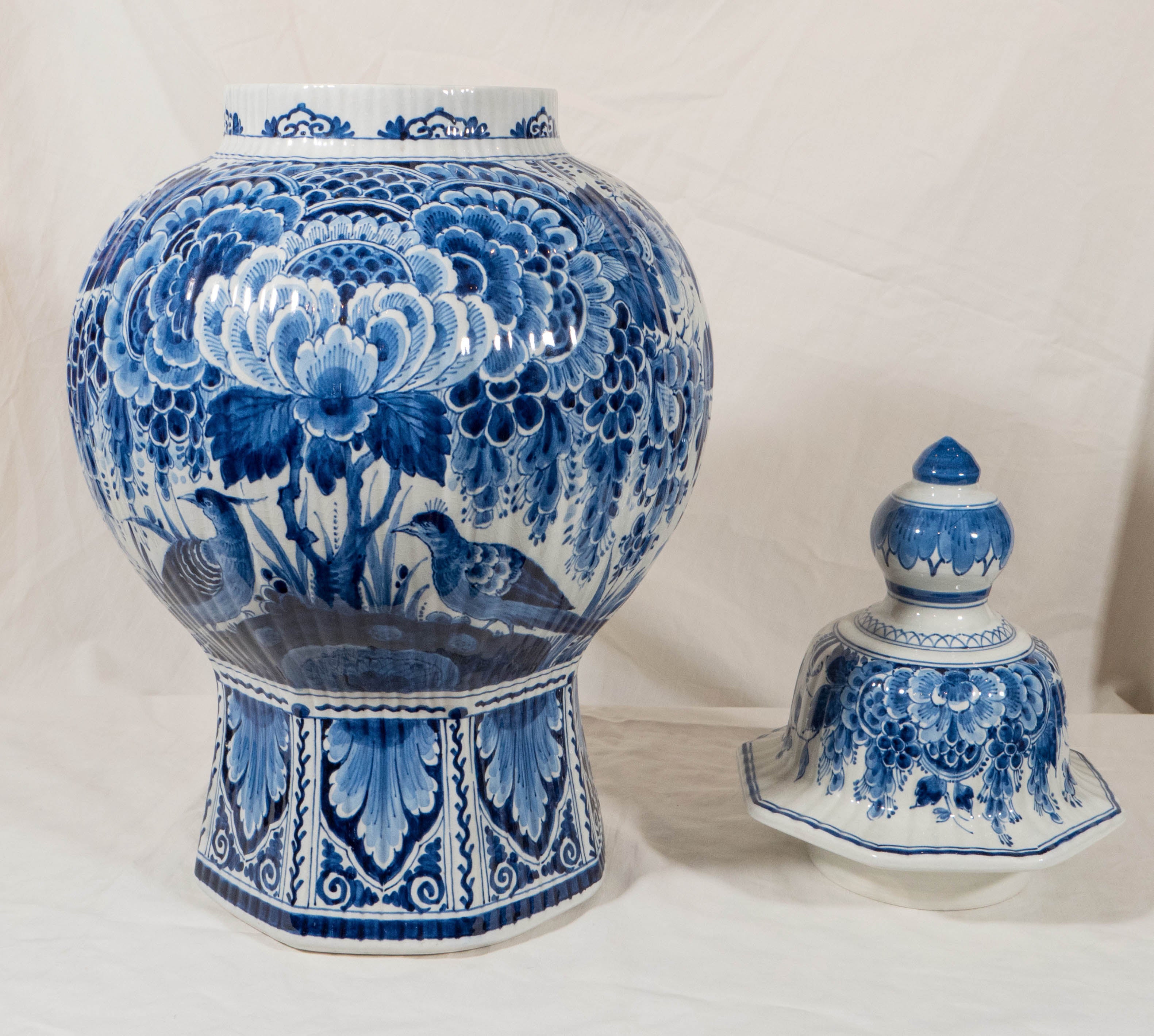 20th Century Pair of Large Dutch Delft Blue and White Covered Vases