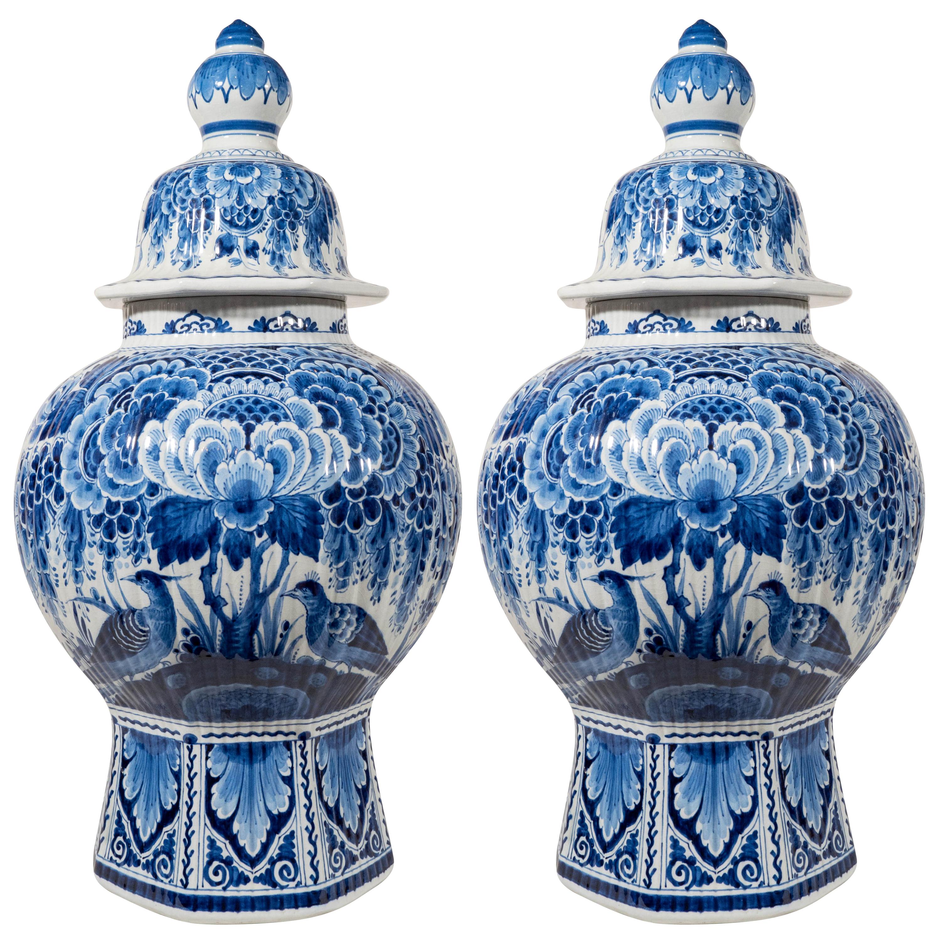 Pair of Large Dutch Delft Blue and White Covered Vases