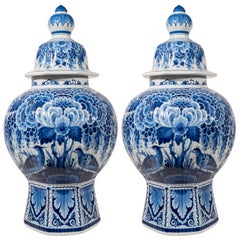 Pair of Large Dutch Delft Blue and White Covered Vases