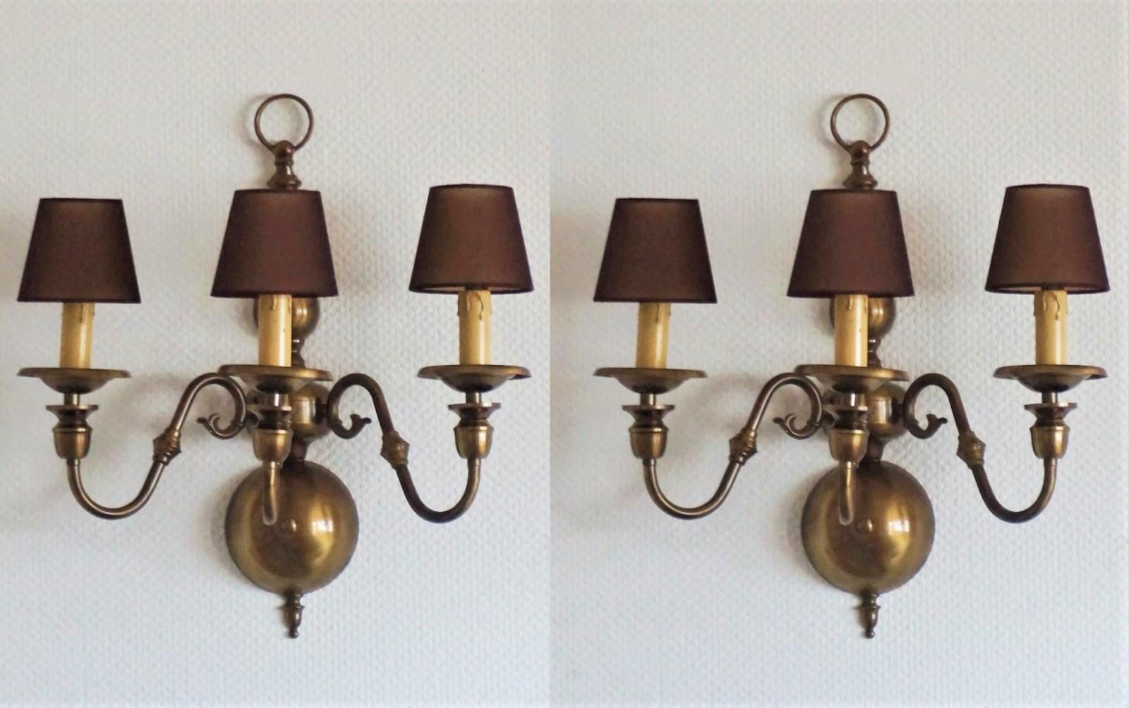 Dutch Colonial Pair of Large Dutch Flemish Brass Three Branch Wall Sconces