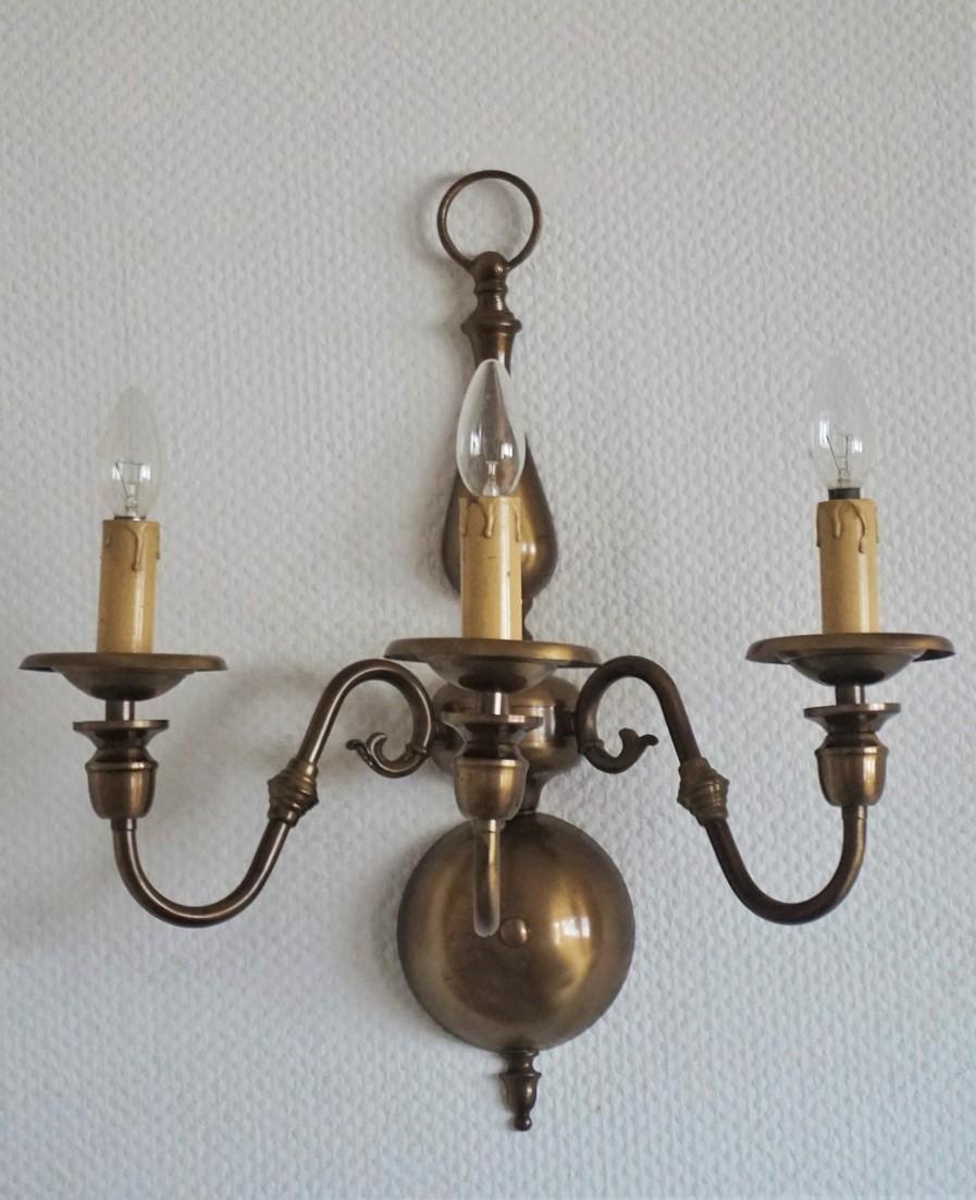 Burnished Pair of Large Dutch Flemish Brass Three Branch Wall Sconces